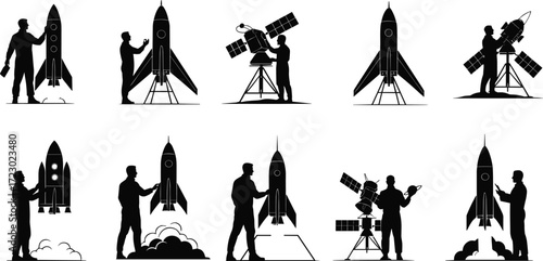 Silhouettes of people with rockets and satellites, showcasing space exploration, launch preparation, inspection, engineering, and aerospace technology scenes