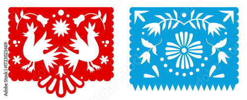 Traditional Papel Picado with Roosters and floral Cutouts – Mexican Folk Art Decorative Hanging Banner Illustration