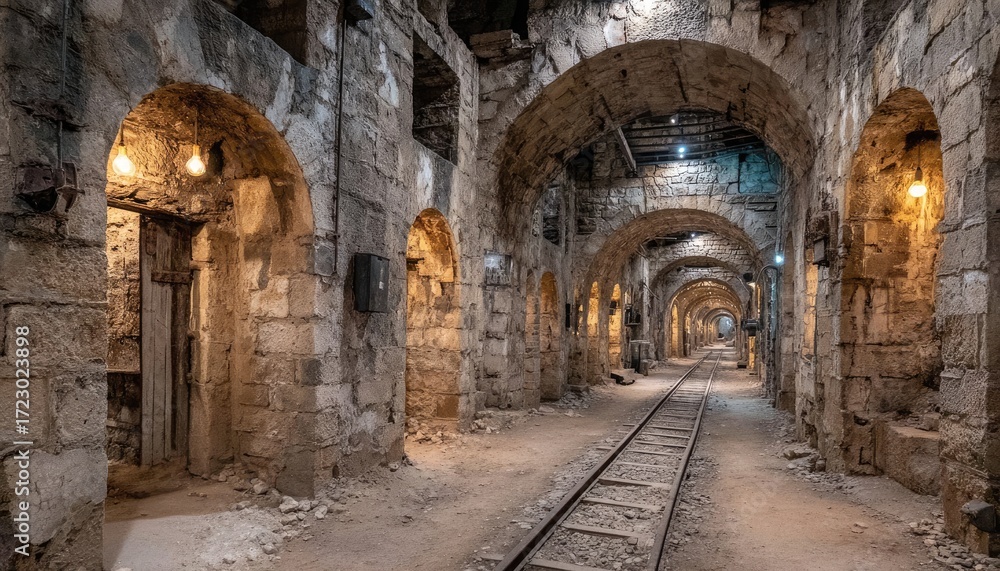 Fototapeta premium Ancient stone tunnels, arched corridors, railway track