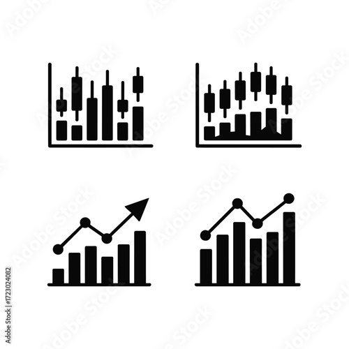 Set of four financial and business charts candlestick and bar graphs showing growth and trends