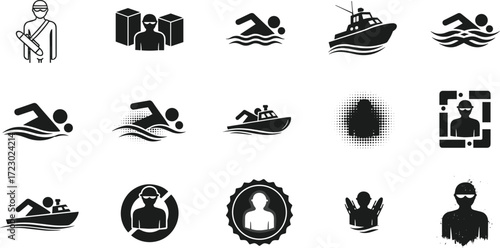Swimming and lifeguard icon set, rescue, safety, swimmer, motorboat, water sport, lifeguard symbol, aquatic activity, black silhouette, white background