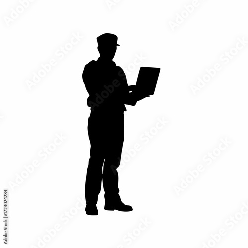 Parole officer typing progress report on laptop silhouette white background