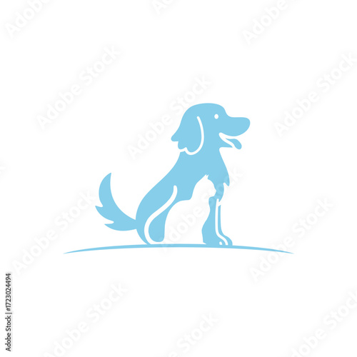 Friendly dog and cat silhouette logo, light blue, sitting, happy.