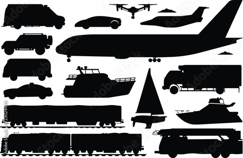 Silhouettes of diverse transportation modes including aircraft, cars, boats, trains, and trucks arranged in grid on white background