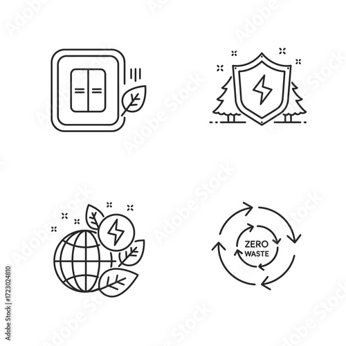 A collection of line icons representing environmental sustainability, green energy, energy protection, and zero waste concepts.