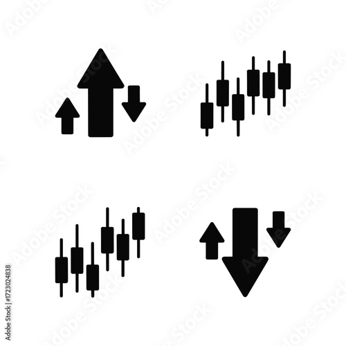 Financial market candlestick charts and arrows representing trading trends and stock performance