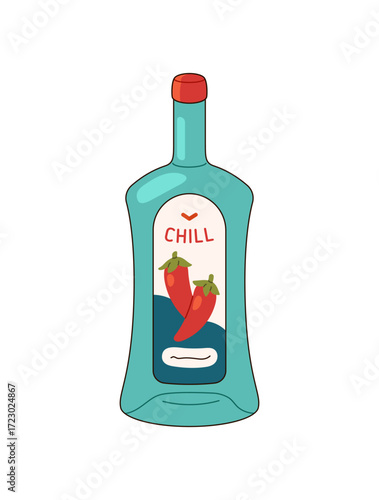 Plastic bottle of chilli pepper sauce. Icon of vodka with chili in glass packaging. Alcohol drink, spirits beverage, spicy booze, hard liquor in container. Flat isolated vector illustration on white