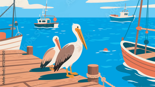 Illustration Of Pelicans On A Wooden Pier With A Blue Sea And Fishing Boats In The Background Vector Design Template