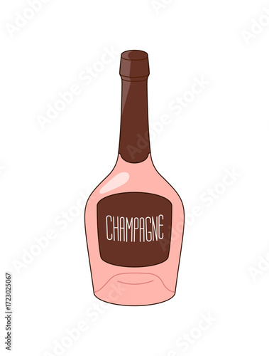 Icon of glass bottle of champagne, bubbly. Closed container of sparkling alcohol drink. Packaging of booze, fizzy beverage, carbonated wine. Flat isolated vector illustration on white background