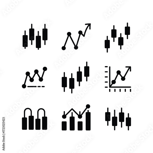 Drawn financial market trading charts and stock candlestick graphs icons set