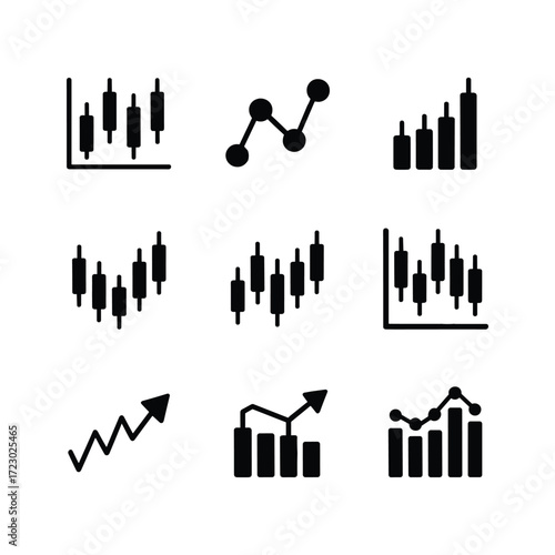 Collection of hand drawn financial trading candlestick and line charts representing market trends