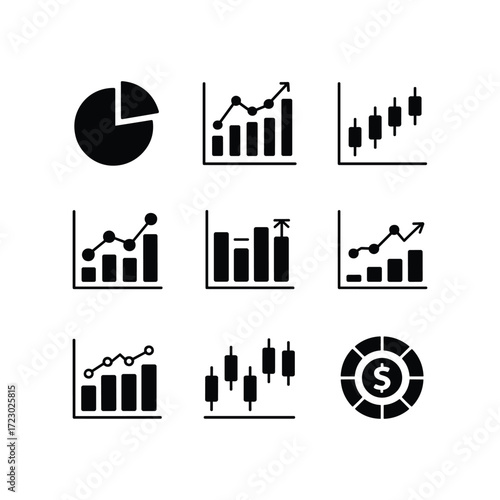 Collection of financial trading and business analysis charts and graphs including pie and bar charts