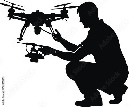 Silhouette of person kneeling with drone, adjusting quadcopter, modern technology interaction, UAV inspection scene, vector graphic, tech concept