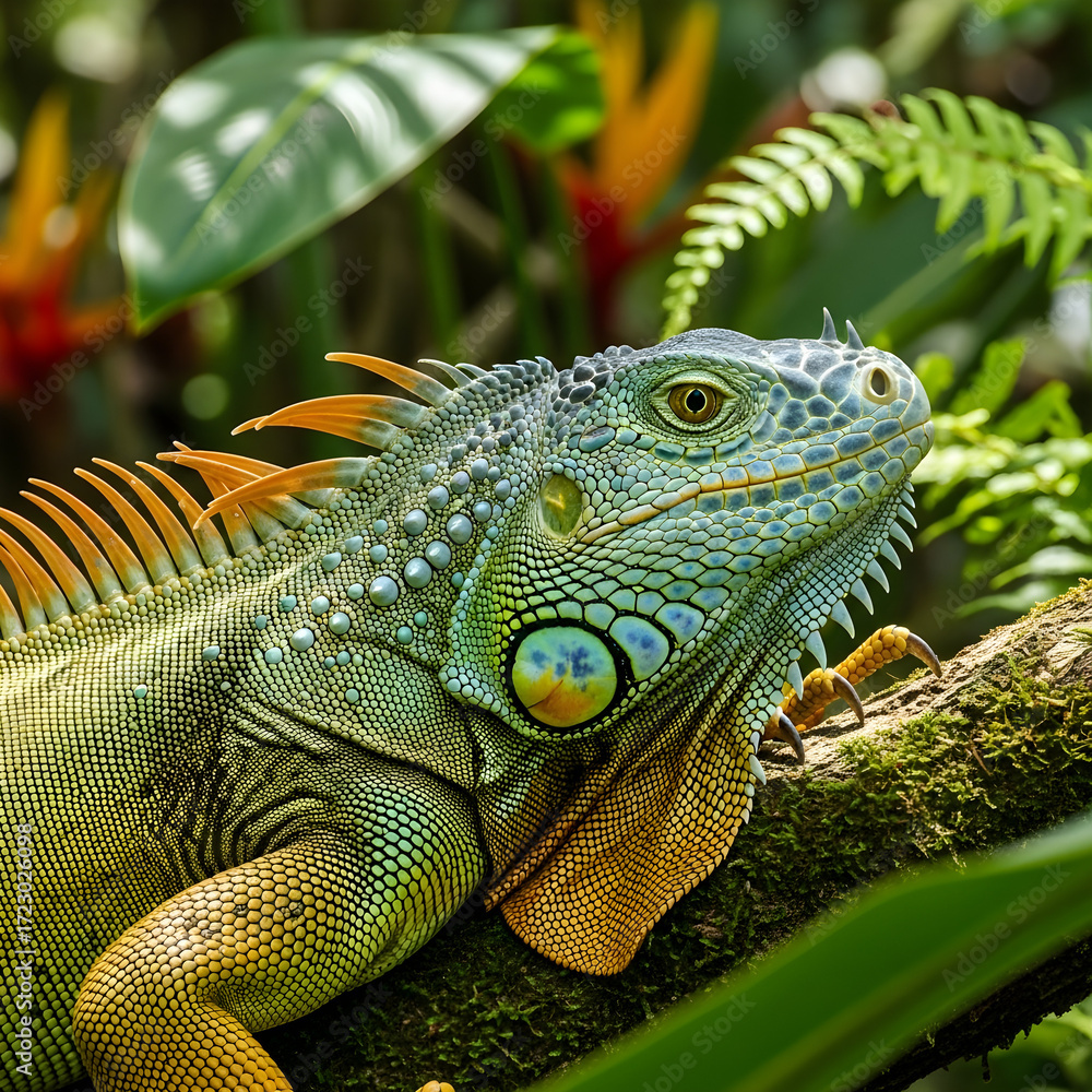 Fototapeta premium Vibrant Iguana Resting on Lush Tree Branch in Tropical Forest