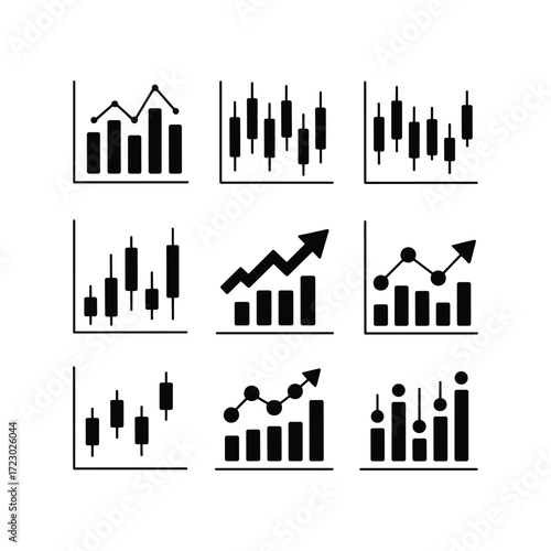 Collection of stock market trading charts and financial data graphs showing growth trends
