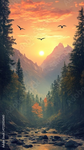 Serene sunrise over misty mountain valley, river flows through autumnal forest