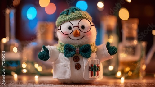 Cartoon snowman in cheerful mood wearing glasses and scientist costume with bow tie on laboratory background