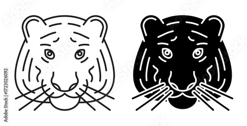 Line icon. Closeup view of head of a circus trained tiger. Simple black and white vector isolated on white background