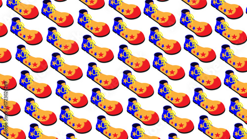 Isometric orderly rows of marching clown boots. 3D vector background top view at an angle