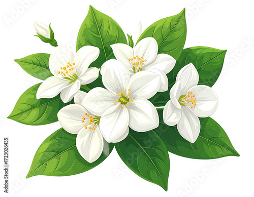 A cluster of pristine white blossoms,  five open flowers and a bud, surrounded by vibrant green leaves, creating a lush floral arrangement