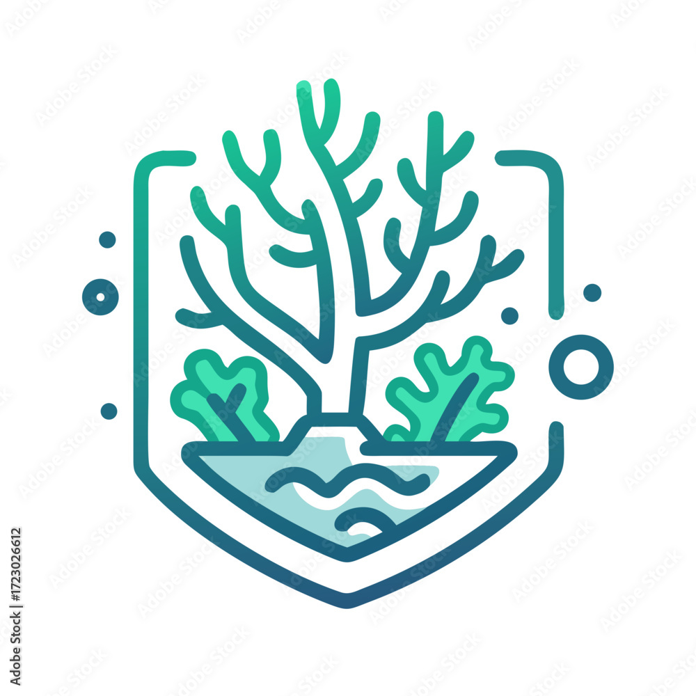 Obraz premium Stylized illustration of a tree and aquatic plants in a shield shape, representing nature conservation 