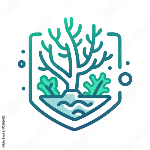 Stylized illustration of a tree and aquatic plants in a shield shape, representing nature conservation
