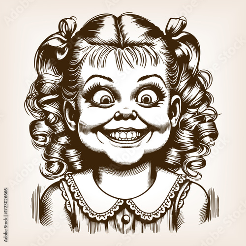 young girl with curly hair tied in bows, smiling with an exaggerated wide-eyed expression sketch engraving generative ai fictional character vector illustration. Scratch board. Black and white image.