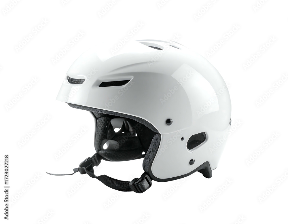 Fototapeta premium Sleek, white hard shell helmet with vents, adjustable chin strap, and integrated padding, showcasing a side profile against a black background