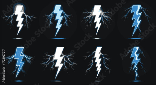 Electric lightning bolt icons, glowing thunder symbols, storm energy vectors, blue electric flash, power surge graphics, electricity illustration set