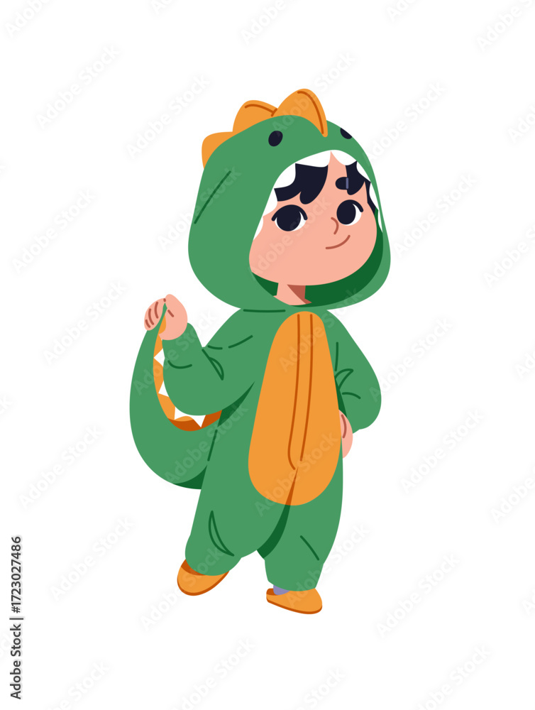 Obraz premium Happy kid is wearing cute animal kigurumi. Joyful child is in green costume of dino with a hood and tail. Adorable baby is in onesie, pajamas of dinosaur. Flat isolated vector illustration in white
