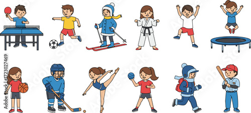 Kids sports activity set, cartoon children playing, physical fitness vector, athletic movement illustration, fun exercise icons, healthy lifestyle graphics