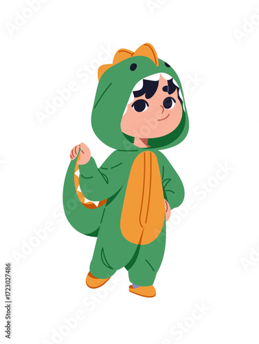 Happy kid is wearing cute animal kigurumi. Joyful child is in green costume of dino with a hood and tail. Adorable baby is in onesie, pajamas of dinosaur. Flat isolated vector illustration in white
