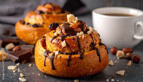 Chocolate hazelnut swirl rolls with coffee