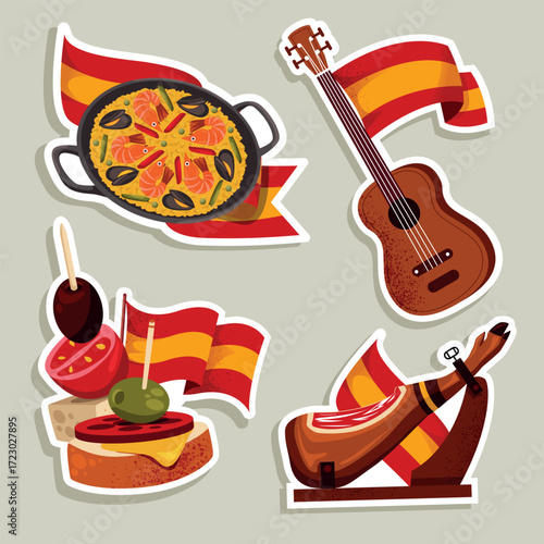 Flat Hand Drawn Design Sticker Collection of Traditional Spanish Food