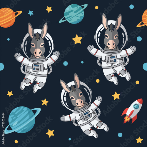Three cute astronaut donkeys float playfully in space among planets stars and a rocket Fun cosmic adventure for kids