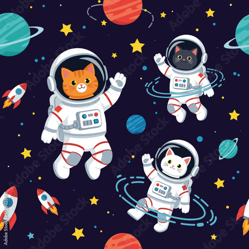 Cute astronaut cats explore outer space with planets stars and rockets Fun playful cosmic adventure