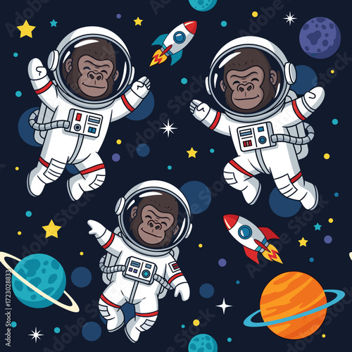 Cartoon astronaut gorillas explore space with planets and rockets Fun cosmic adventure