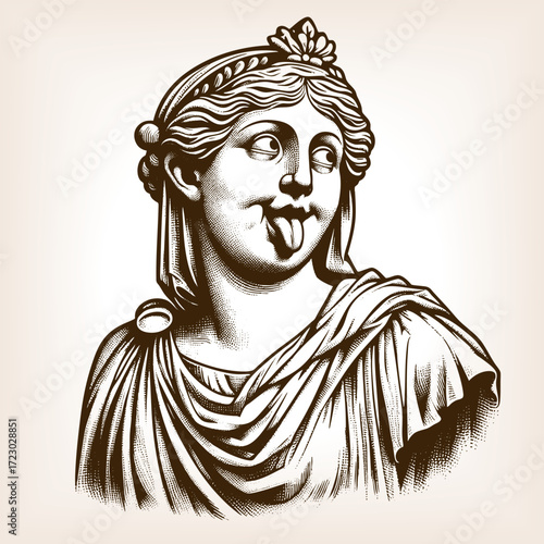 Greco-Roman style statue, humorously depicted with its tongue sticking out in a playful, mocking expression sketch engraving generative ai vector illustration. Scratch board. Black and white image.