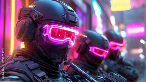 A neon street gang in high-tech armor, dystopian cyberpunk world