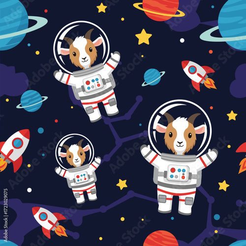 Cute astronaut goats floating in space with planets and rockets Fun and imaginative design