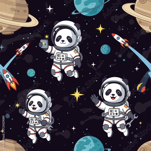 Cute astronaut pandas explore the galaxy among planets rockets and stars Space adventure