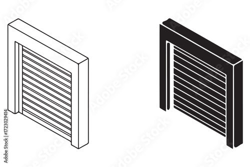 Isometric illustration of a roller shutter door in outline and solid black