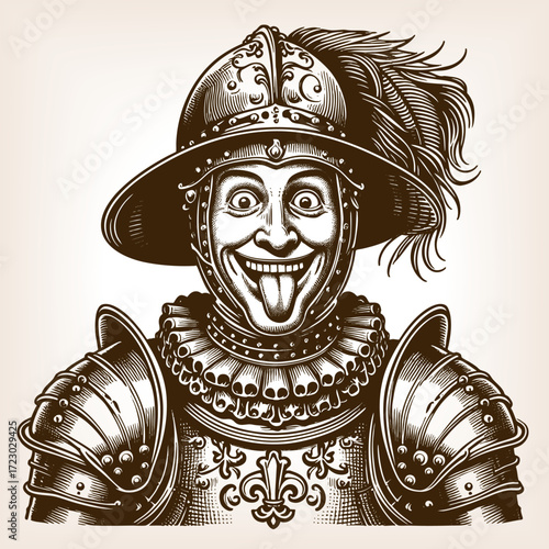 medieval knight, humorously sticking out his tongue with a funny expression sketch engraving generative ai fictional character vector illustration. Scratch board imitation. Black and white image.