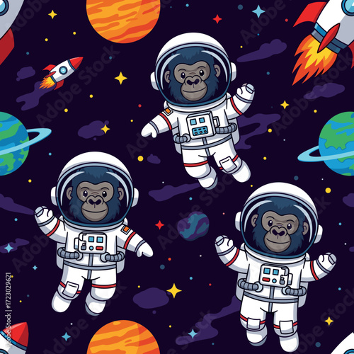 Playful cartoon gorilla astronauts explore the galaxy among planets rockets and stars Kids adventure