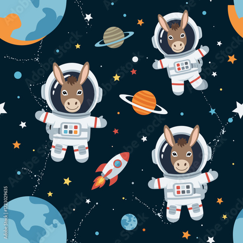 Cute astronaut donkeys exploring space among planets and stars a whimsical pattern for childrens design