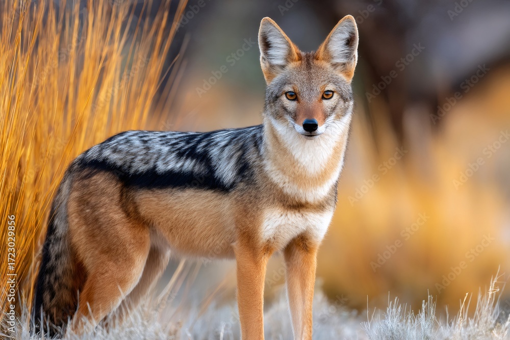 Fototapeta premium Black backed jackal standing in sunlit dry grass