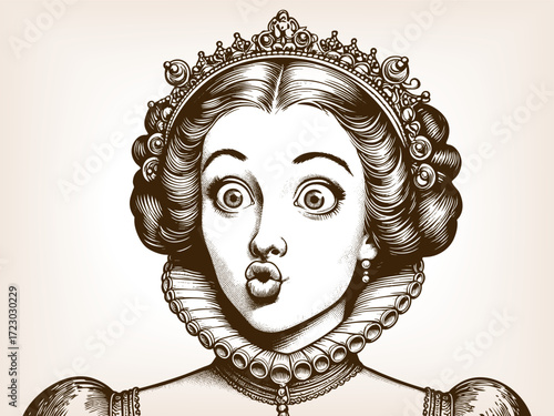royal queen wearing an ornate crown and jewelry, with wide eyes and surprised expression sketch engraving generative ai fictional character vector illustration. Scratch board. Black and white image.