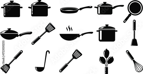 Kitchen utensils vector icons pot, pan, spatula, ladle, whisk, and other cooking tools for food preparation