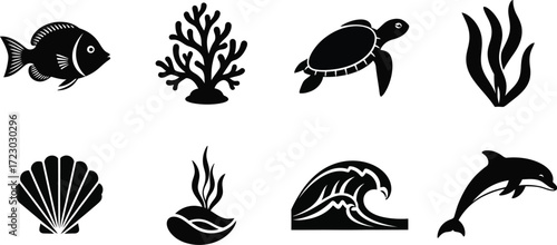 Marine life icons featuring fish, coral, turtle, seaweed, shell, wave, and dolphin for oceanthemed designs