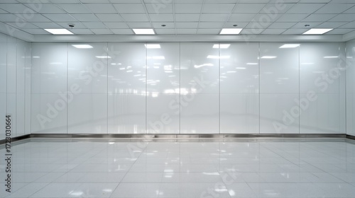 Empty white interior with glossy wall and tile floor – modern clean space concept